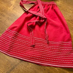 Handmade Vintage Red Machine Embroidered Tie-Waist Cotton Half Apron Farmhouse